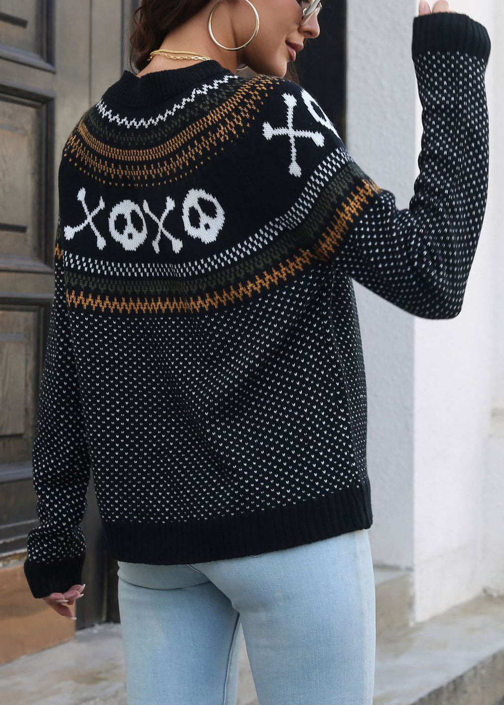 Jacquard Black O Neck Patchwork Knit Sweaters Long Sleeve AE1024 OM-HW240901