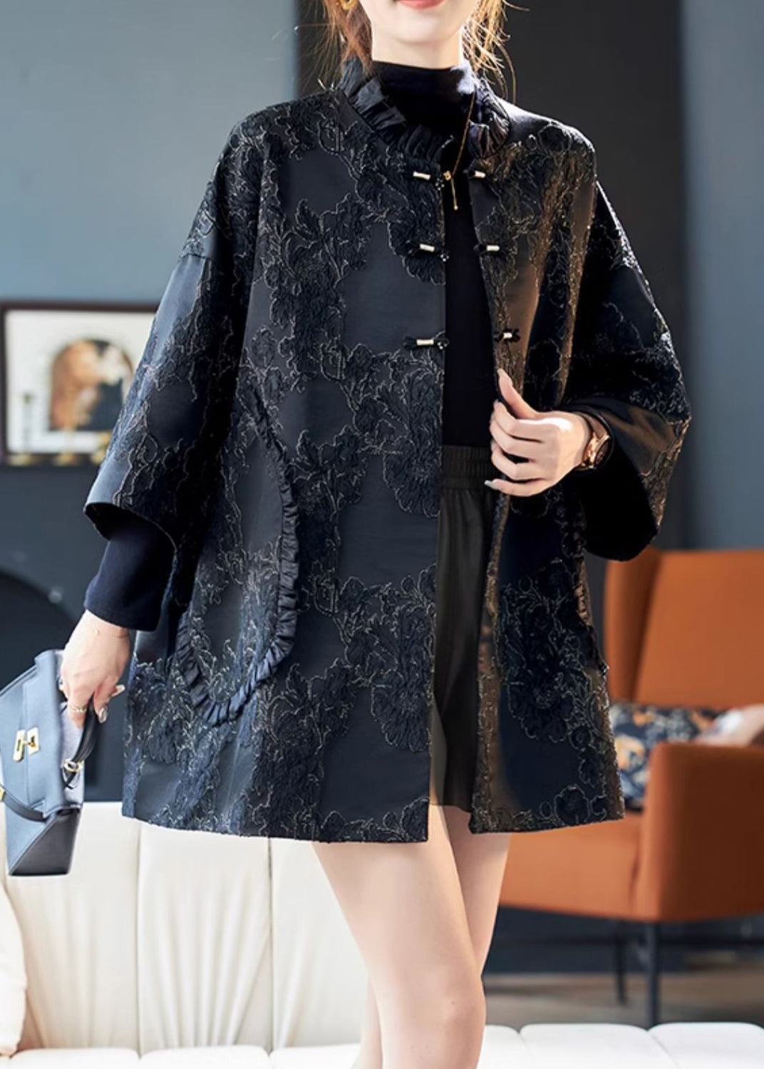 Jacquard Black Ruffled Button Cotton Coats Bracelet Sleeve AB1025 Genistyle Shop