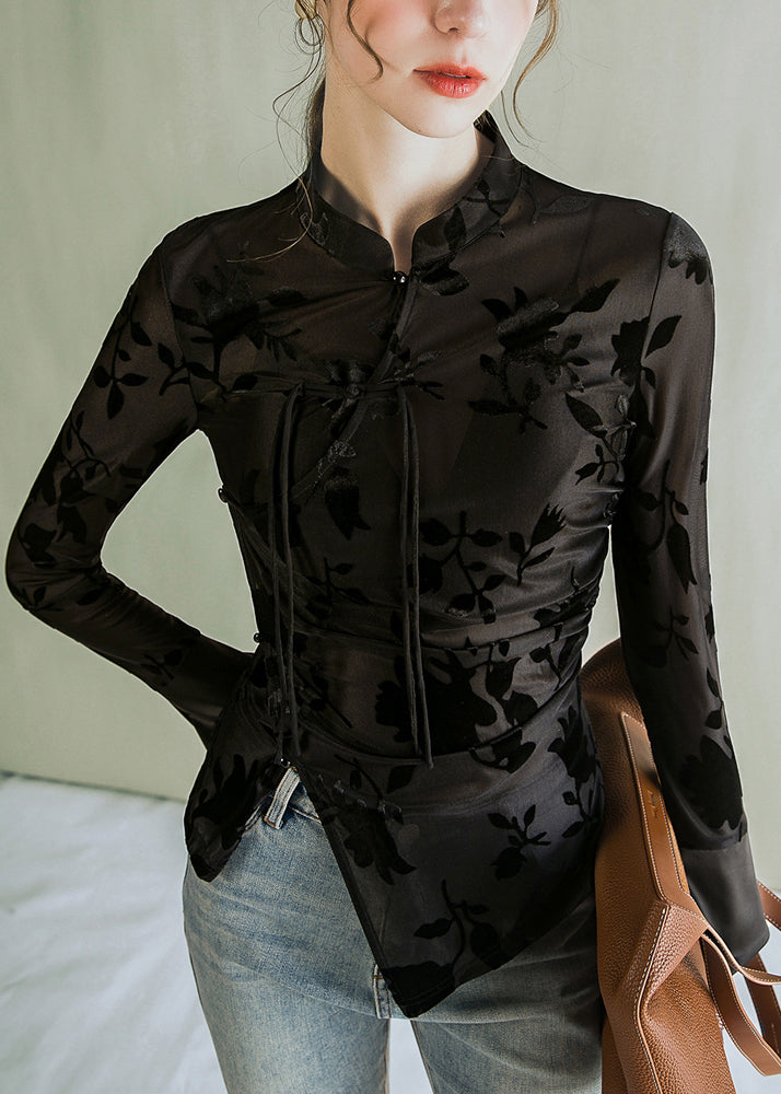 Jacquard Black Stand Collar Button Tulle Blouses  AL1045 Genistyle Shop