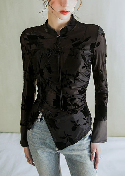 Jacquard Black Stand Collar Button Tulle Blouses  AL1045 Genistyle Shop