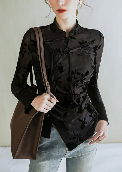Jacquard Black Stand Collar Button Tulle Blouses  AL1045 Genistyle Shop