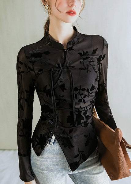 Jacquard Black Stand Collar Button Tulle Blouses  AL1045 Genistyle Shop