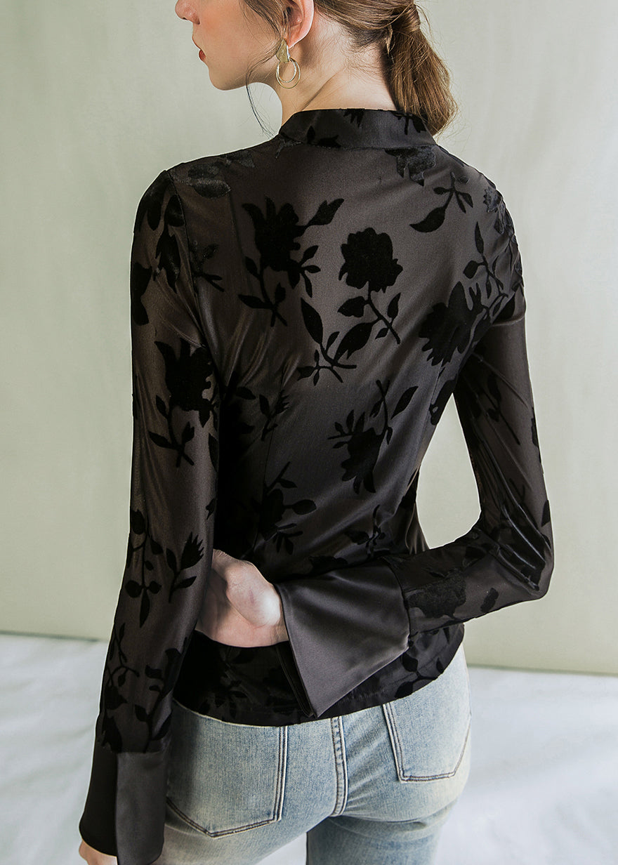 Jacquard Black Stand Collar Button Tulle Blouses  AL1045 Genistyle Shop