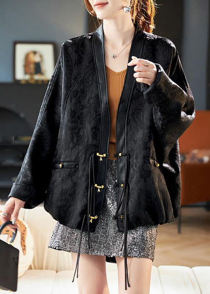 Patchwork Batwing Black Sleeve Coats V Neck Jacquard FashionChic