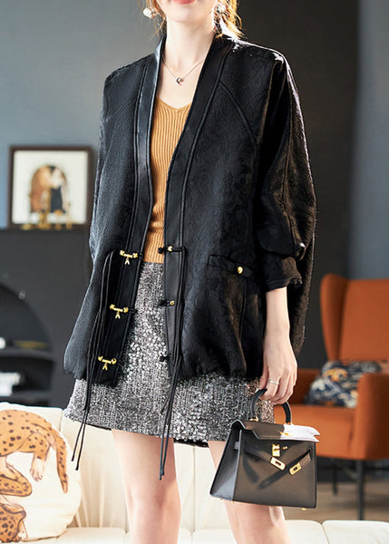 Patchwork Batwing Black Sleeve Coats V Neck Jacquard FashionChic