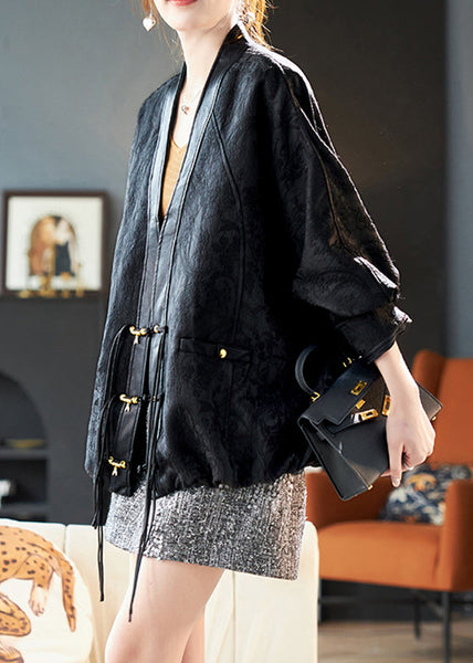 Patchwork Batwing Black Sleeve Coats V Neck Jacquard FashionChic
