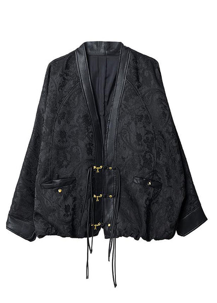 Patchwork Batwing Black Sleeve Coats V Neck Jacquard FashionChic