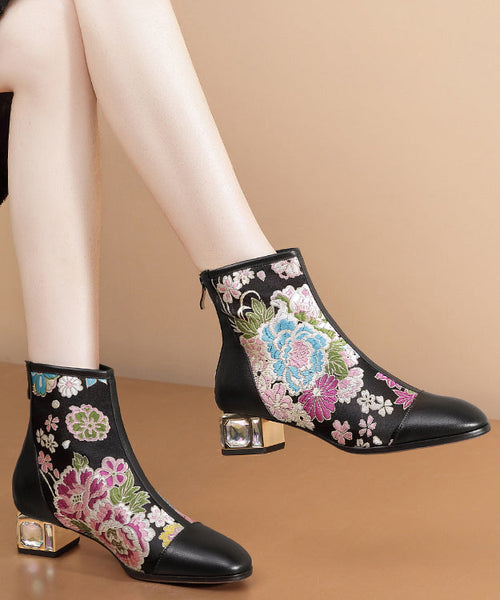 Jacquard Black Zippered Zircon Cowhide Leather Chunky Boots RT1059 Ada Fashion