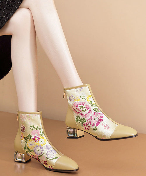 Jacquard Black Zippered Zircon Cowhide Leather Chunky Boots RT1059 Ada Fashion