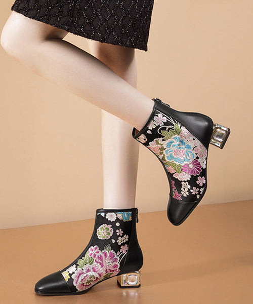 Jacquard Black Zippered Zircon Cowhide Leather Chunky Boots RT1059 Ada Fashion