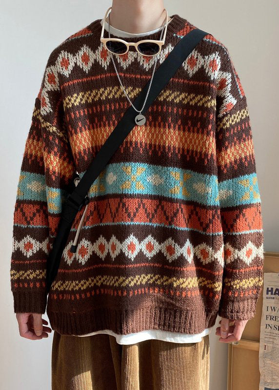 Jacquard Blue O Neck Cozy Knit Mens Sweaters Fall QH027 MENSW241019