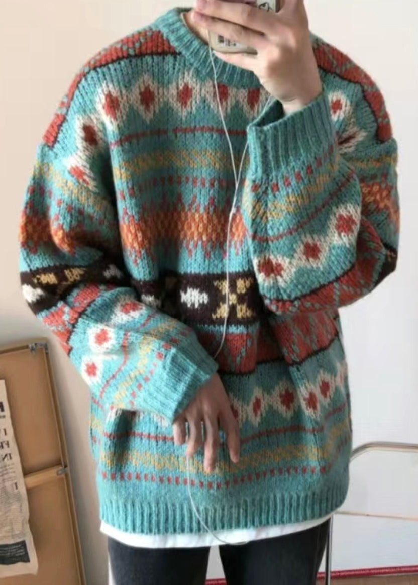 Jacquard Blue O Neck Cozy Knit Mens Sweaters Fall QH027 MENSW241019