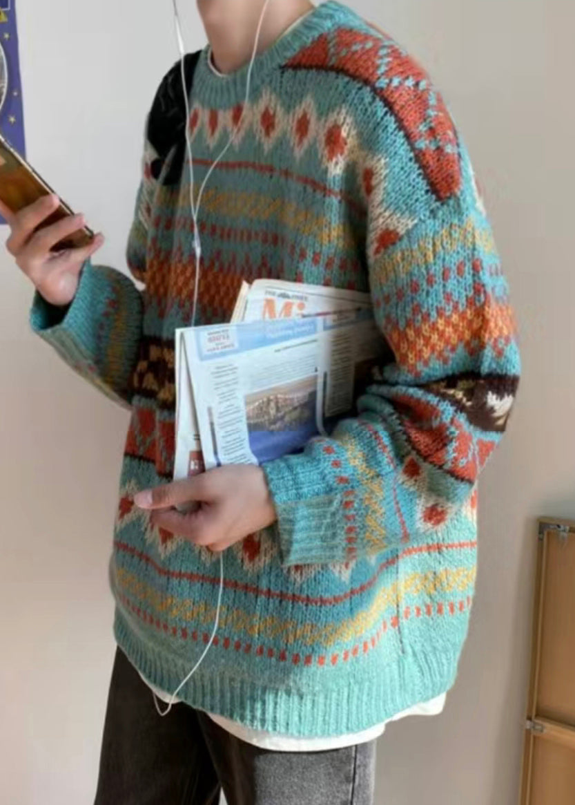 Jacquard Blue O Neck Cozy Knit Mens Sweaters Fall QH027 MENSW241019