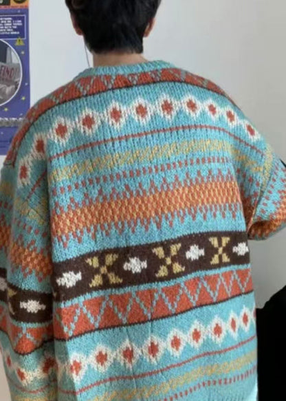 Jacquard Blue O Neck Cozy Knit Mens Sweaters Fall QH027 MENSW241019