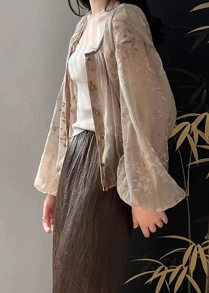 Jacquard Brown O Neck Button Coats Long Sleeve OP1051 Ada Fashion