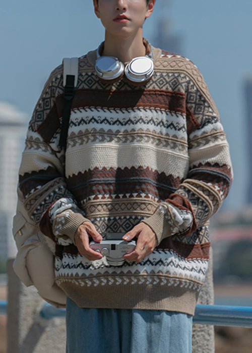 Jacquard Brown O Neck Cozy Knit Men Sweaters Fall QH019 MENSW241019