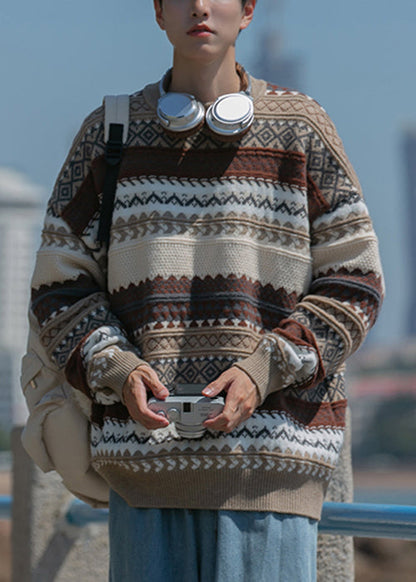 Jacquard Brown O Neck Cozy Knit Men Sweaters Fall QH019 MENSW241019