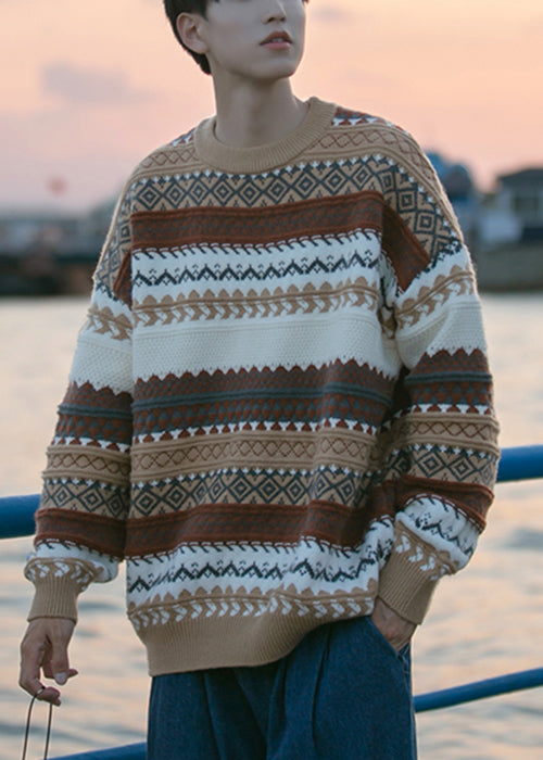 Jacquard Brown O Neck Cozy Knit Men Sweaters Fall QH019 MENSW241019