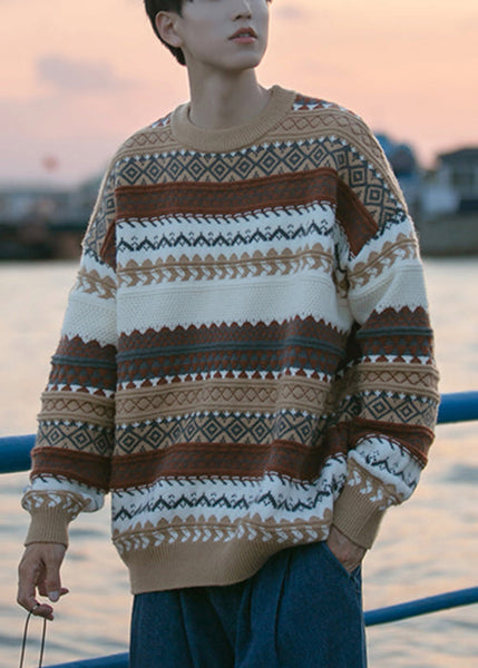 Jacquard Brown O Neck Cozy Knit Men Sweaters Fall QH019 MENSW241019