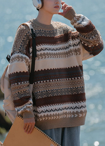 Jacquard Brown O Neck Cozy Knit Men Sweaters Fall QH019 MENSW241019