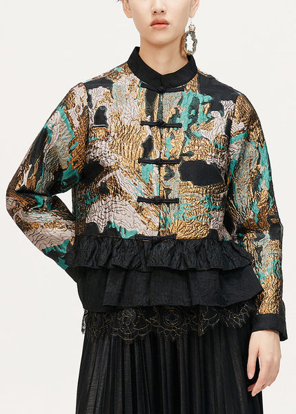 Jacquard Coffee Ruffled Button Cotton Coat Long Sleeve Ada Fashion