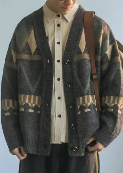 Spring Dark Gray Neck V Knit Jacquard Coat Men Button FashionChic