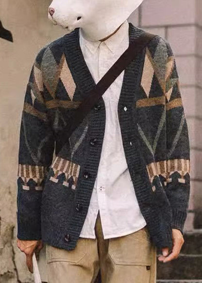 Spring Dark Gray Neck V Knit Jacquard Coat Men Button FashionChic