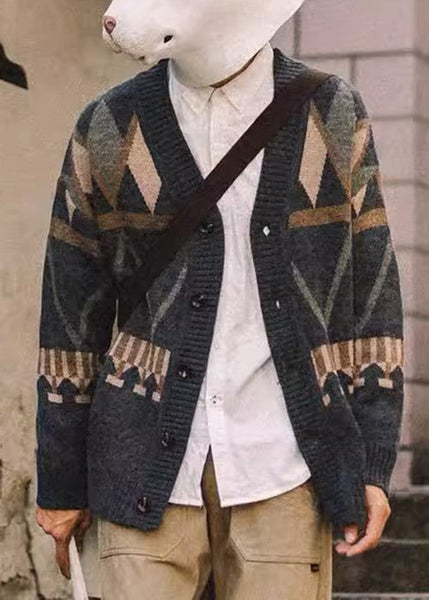 Spring Dark Gray Neck V Knit Jacquard Coat Men Button FashionChic