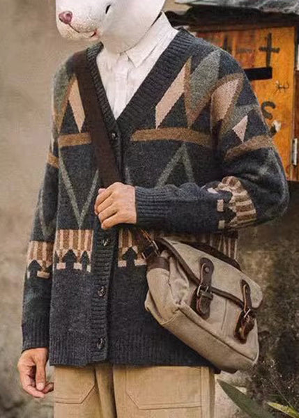 Spring Dark Gray Neck V Knit Jacquard Coat Men Button FashionChic