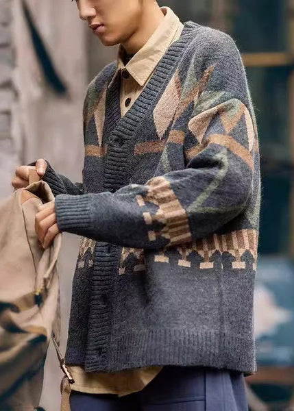 Spring Dark Gray Neck V Knit Jacquard Coat Men Button FashionChic