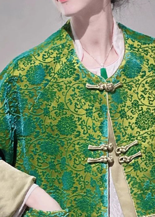 Jacquard Green Button Pockets Silk Blouse Long Sleeve Ada Fashion