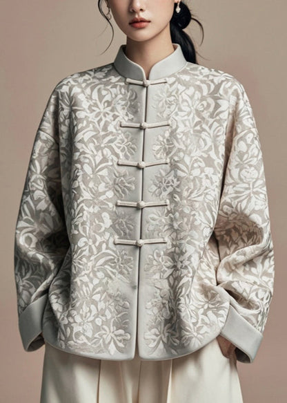 Jacquard Grey Stand Collar Button Silk Cotton Coat Fall AG1031 OM-ZS240912