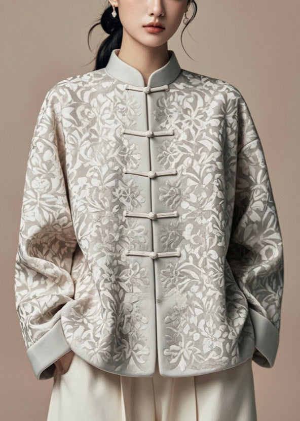 Jacquard Grey Stand Collar Button Silk Cotton Coat Fall AG1031 OM-ZS240912