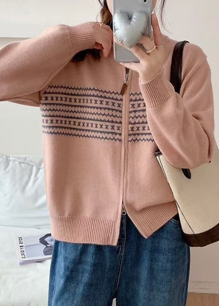 Jacquard Grey Zip Up Cozy Knit Coat Fall QG008 OM-SW241015