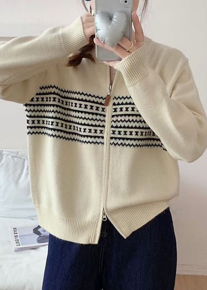 Jacquard Grey Zip Up Cozy Knit Coat Fall QG008 OM-SW241015