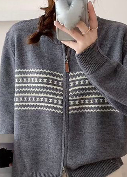 Jacquard Grey Zip Up Cozy Knit Coat Fall QG008 OM-SW241015