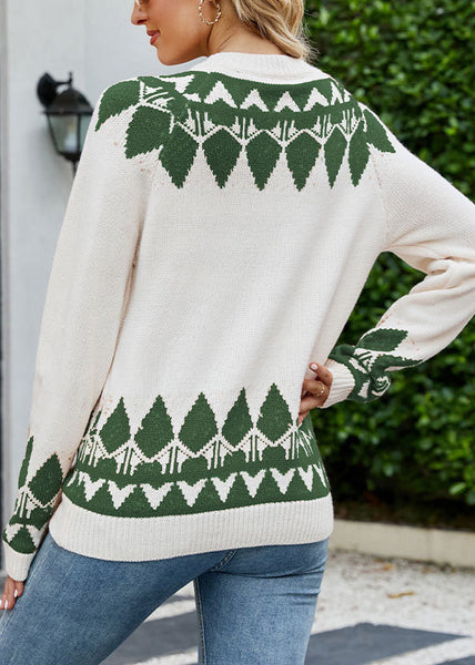 Jacquard Khaki O Neck Cozy Patchwork Knit Sweater Fall AE1029 OM-HW240901