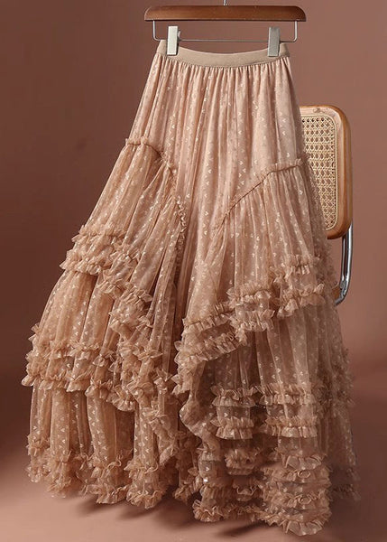 Patchwork Khaki Skirts Love Ruffled Jacquard Tulle Maxi FashionChic