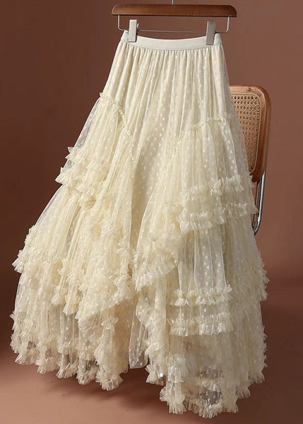 Patchwork Khaki Skirts Love Ruffled Jacquard Tulle Maxi FashionChic