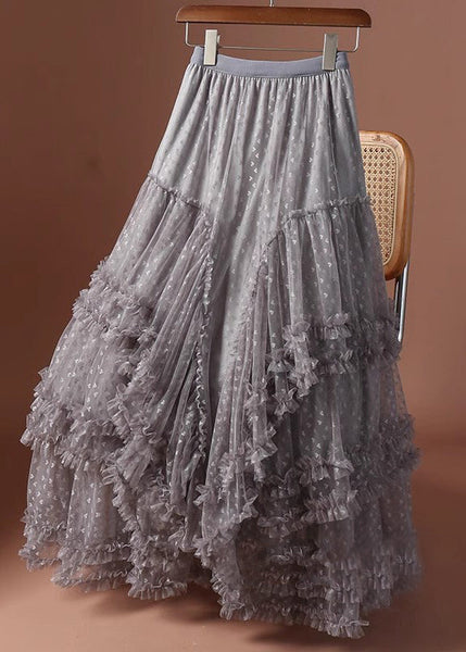 Patchwork Khaki Skirts Love Ruffled Jacquard Tulle Maxi FashionChic