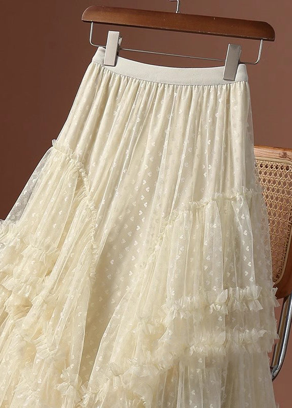 Patchwork Khaki Skirts Love Ruffled Jacquard Tulle Maxi FashionChic