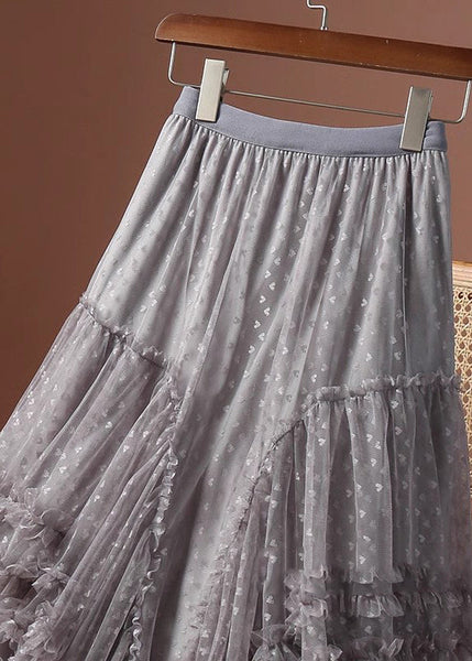 Patchwork Khaki Skirts Love Ruffled Jacquard Tulle Maxi FashionChic