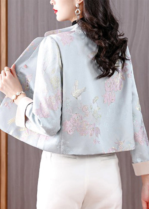 Jacquard Light Blue Stand Collar Button Cotton Coats Fall QO005 MZF-CTS241008