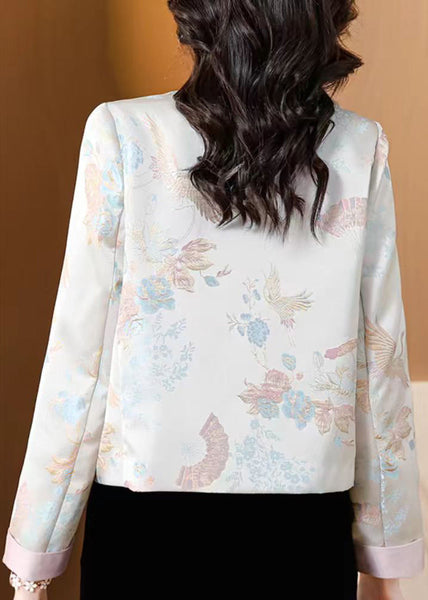 Jacquard Light Blue Stand Collar Button Silk Coats Fall QO002 MZF-CTS241008