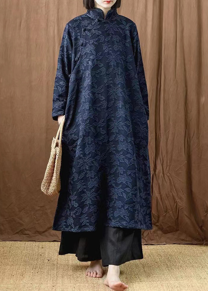 Jacquard Navy Button Pockets Cotton Dress Long Sleeve MN035 MMDM-FDL240704