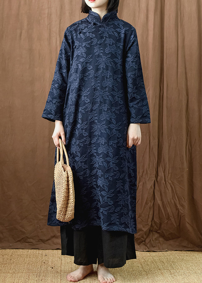 Jacquard Navy Button Pockets Cotton Dress Long Sleeve MN035 MMDM-FDL240704