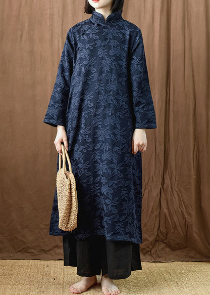 Jacquard Navy Button Pockets Cotton Dress Long Sleeve MN035 MMDM-FDL240704