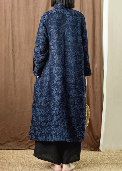 Jacquard Navy Button Pockets Cotton Dress Long Sleeve MN035 MMDM-FDL240704