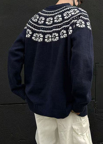 Jacquard Navy O-Neck Cozy Knit Mens Sweater Spring TK010