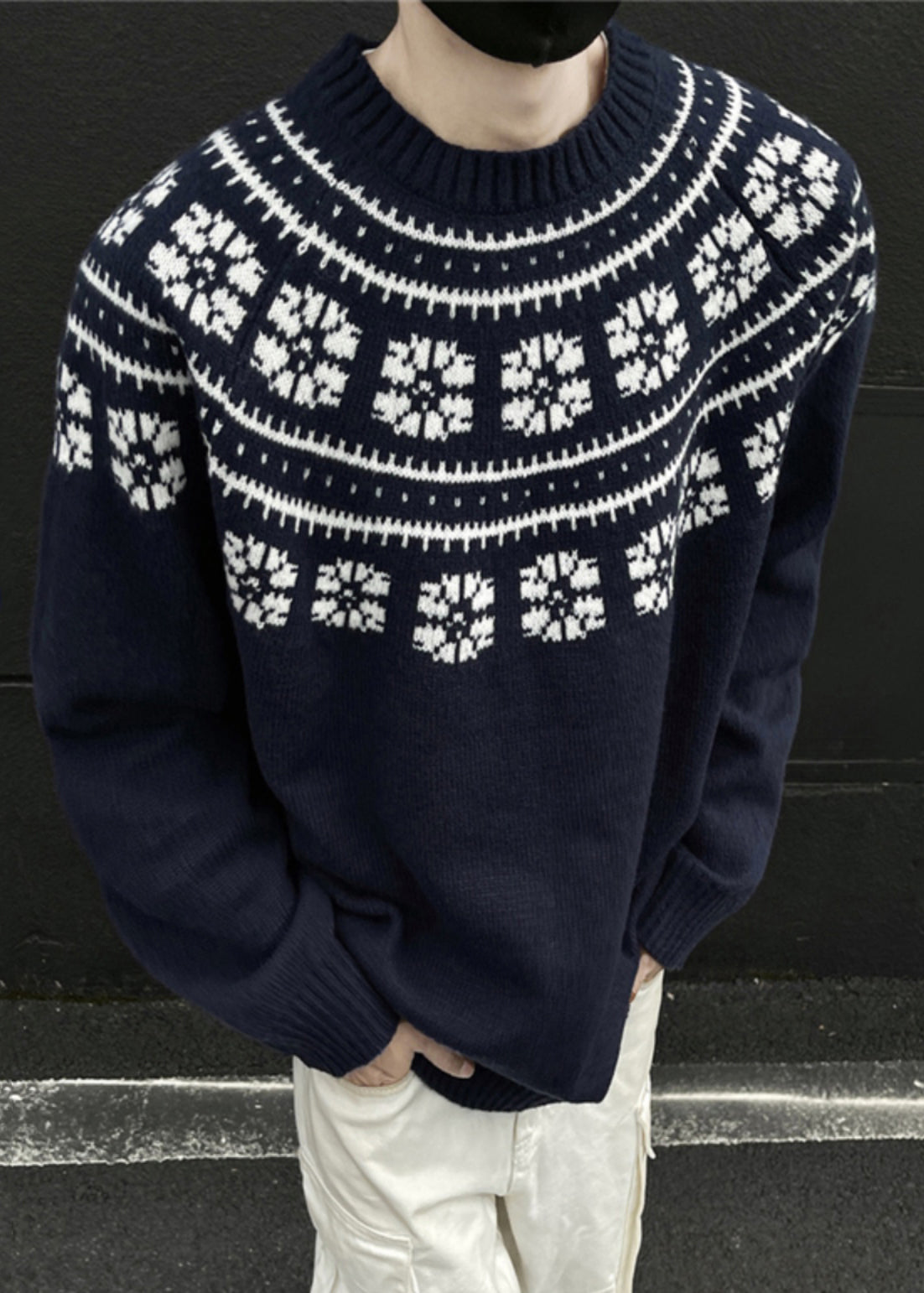 Jacquard Navy O-Neck Cozy Knit Mens Sweater Spring TK010